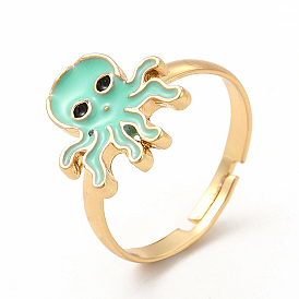 Aquamarine Enamel Octopus Adjustable Ring, Rack Plating Alloy Jewelry for Women, Nickel Free