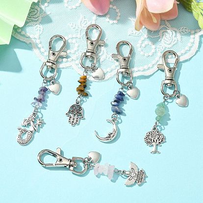 Tibetan Style Alloy Pendants Decorations, Gemstone Chips and Lobster Claw Clasps Charm, Heart