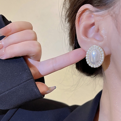Oval Alloy Stud Earrings, Plastic Pearl Earrings with Sterling Silver Pins