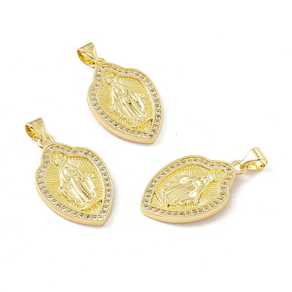 Rack Plating Brass Micro Pave Clear Cubic Zirconia Pendants, Long-Lasting Plated, Cadmium Free & Lead Free, Teardrop with Goddess