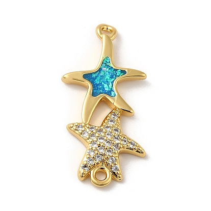 Rack Plating Brass Micro Pave Clear Cubic Zirconia Connector Charms, Star Links with Synthetic Opal, Lead Free & Cadmium Free, Long-Lasting Plated