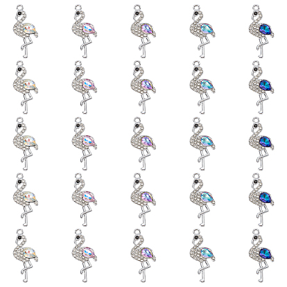 25шт 5 цвета подвески из цинкового сплава, со стразами, фламинго, серебряные