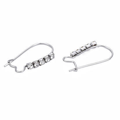 304 Stainless Steel Hoop Earrings Findings Kidney Ear Wires, with Clear Cubic Zirconia