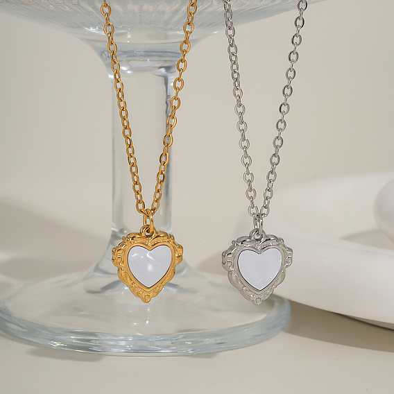 Винтаж 304 ожерелья из нержавеющей стали с подвеской в виде сердца из натуральной белой ракушки для женщин