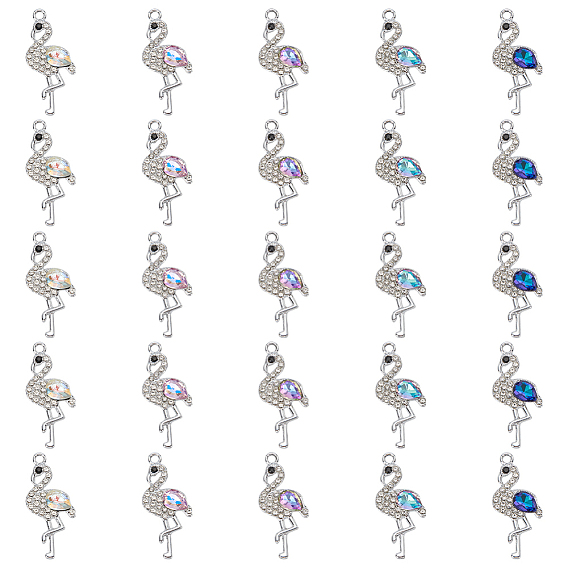 25шт 5 цвета подвески из цинкового сплава, со стразами, фламинго, серебряные