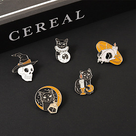 Creative Wizard Skull Hat & Black Cat Pin Set for Halloween Costume - Alloy Punk Style Enamel Badge