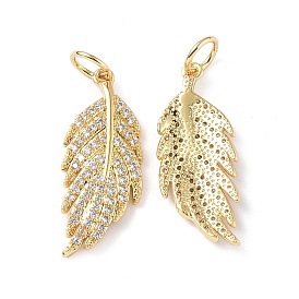 Brass Micro Pave Cubic Zirconia Pendants, with Jump Ring, Real 18K Gold Plated, Leaf