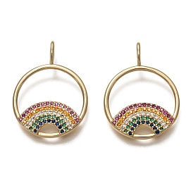 Brass Micro Pave Colorful Cubic Zirconia Pendants, Long-Lasting Plated, Flat Round with Rainbow
