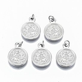 304 Stainless Steel Pendants, with Jump Rings, Flat Round with Flower