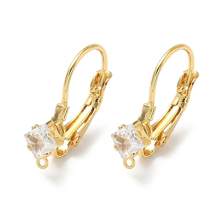 Квадратная фурнитура для сережек-рычажек с микропаве из прозрачных кубических цирконий из латуни, без никеля , с петлей