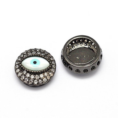 Flat Round Brass Micro Pave Cubic Zirconia Beads, with Eye Shell Beads, Cadmium Free & Nickel Free & Lead Free, Clear