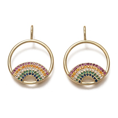 Brass Micro Pave Colorful Cubic Zirconia Pendants, Long-Lasting Plated, Flat Round with Rainbow