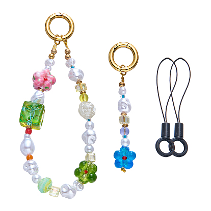 2 шт. ремни для мобильных телефонов из АБС-пластика с имитацией жемчуга и стеклянных зерен, с 316 пружинными кольцами из нержавеющей стали и нейлоновыми шнурами для крепления на мобильную ленту, цветок, золотые