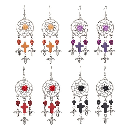 Woven Web/Net with Cross & Skull Synthetic Turquoise Dangle Earrings, Halloween Alloy & Brass Earrings for Women