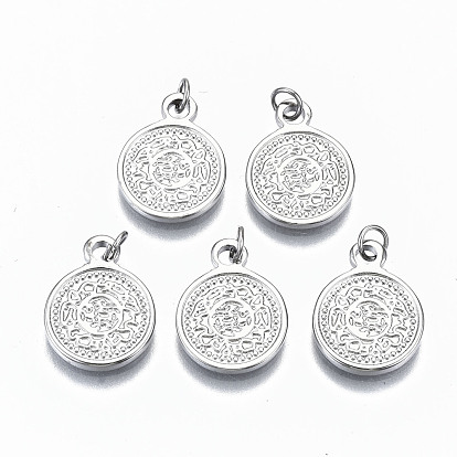 304 Stainless Steel Pendants, with Jump Rings, Flat Round with Flower