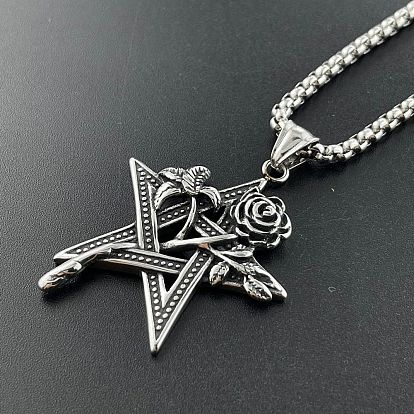 Винтажные 304 ожерелья из нержавеющей стали с подвеской в виде звезды и розы, панк ювелирные изделия литье орнамент