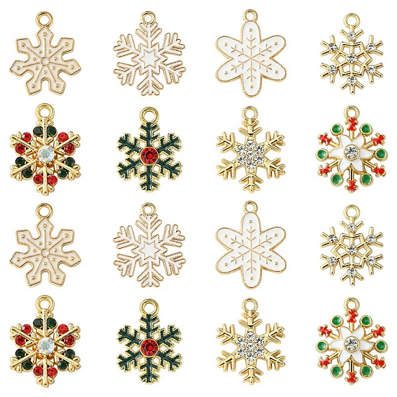 16Pcs 8 Styles Alloy Enamel with Rhinestone Pendants, Christmas, Snowflake