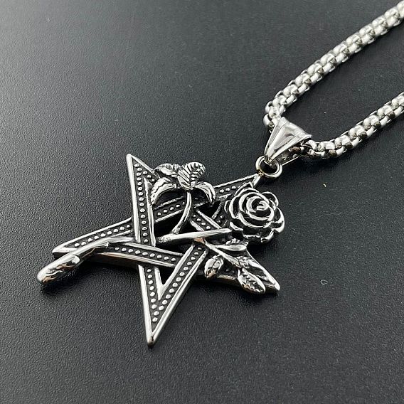 Винтажные 304 ожерелья из нержавеющей стали с подвеской в виде звезды и розы, панк ювелирные изделия литье орнамент
