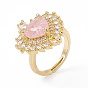 Pink Glass Heart Adjustable Ring with Cubic Zirconia, Brass Jewelry for Women
