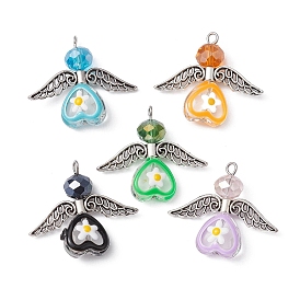 Glass Heart with Tibetan Style Alloy Wings Pendant, with 304 Stainless Steel Loops, Fairy Charms