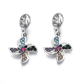 Rack Plating Alloy European Dangle Charms, with Rhinestone, Large Hole Pendants, Cadmium Free & Nickel Free & Lead Free, Platinum, Windmill