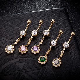 Brass Cubic Zirconia Navel Ring, Belly Rings, with 304 Stainless Steel Bar, Cadmium Free & Lead Free, Flower