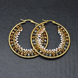 304 Stainless Steel Hoop Earrings, Beaded Hoop Earrings, with Glass Beads, Ring, Golden, Dark Goldenrod