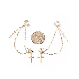 Brass Hanging Chain Dangle Stud Earrings with Ear Cuff, 304 Stainless Steel Cross Drop Earrings for Women