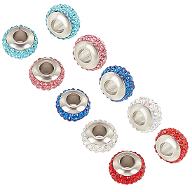 Unicraftale 10Pcs 5 Colors Rondelle 304 Stainless Steel Polymer Clay Rhinestone European Beads, Large Hole Beads, with Double Side Platinum Color Core