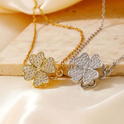Женские кулоны с клевером ко Дню Святого Патрика из латуни с микропаве из прозрачных кубических цирконий