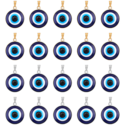 Handmade Evil Eye Lampwork Pendants, with 304 Stainless Steel Serrated Edge Bezel Cups, Half Round