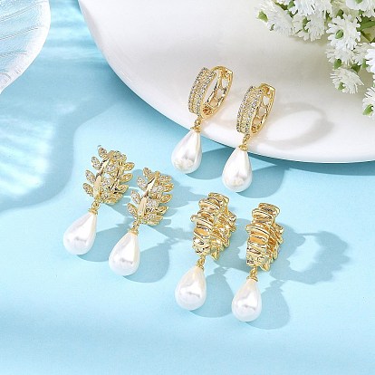 Серьги-кольца из латуни с микропаве из прозрачных кубических цирконий и жемчуга., слеза, болтаться серьги для женщин