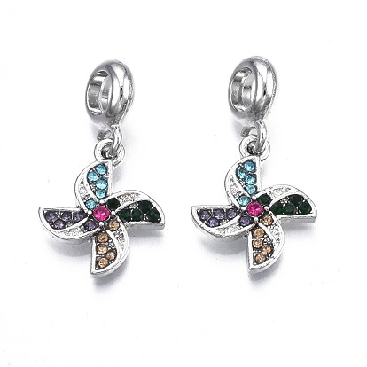 Rack Plating Alloy European Dangle Charms, with Rhinestone, Large Hole Pendants, Cadmium Free & Nickel Free & Lead Free, Platinum, Windmill