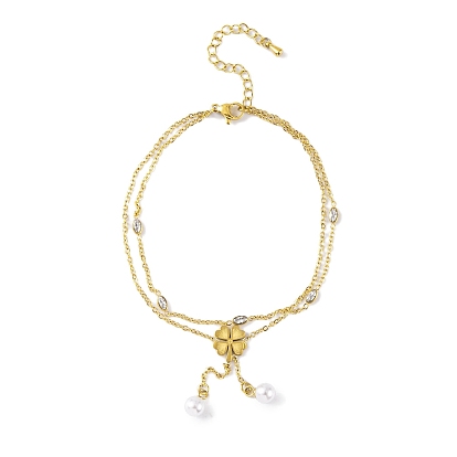 Ion Plating(IP) 304 Stainless Steel Anklets, with Cubic Zirconia and Plastic Pearl, Clover