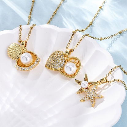 304 ожерелья из нержавеющей стали с прозрачным кубическим цирконием для женщин, с бусинами из искусственного жемчуга, реальный 18 k позолоченный