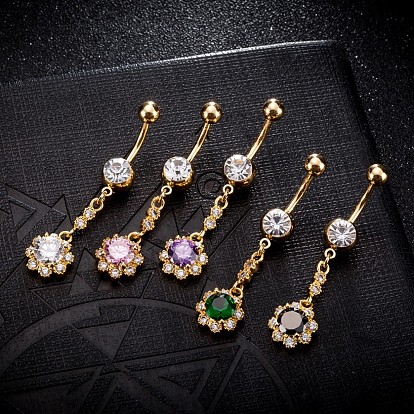 Brass Cubic Zirconia Navel Ring, Belly Rings, with 304 Stainless Steel Bar, Cadmium Free & Lead Free, Flower