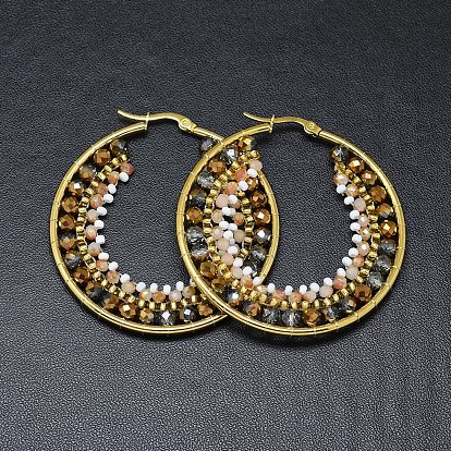 304 Stainless Steel Hoop Earrings, Beaded Hoop Earrings, with Glass Beads, Ring, Golden, Dark Goldenrod