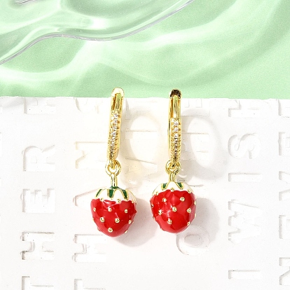Серьги-подвески в форме клубники с микропаве из латуни и прозрачными кубическими цирконами, с эмалью, стойки покрытие, буквы, без свинца и без кадмия, долговечный