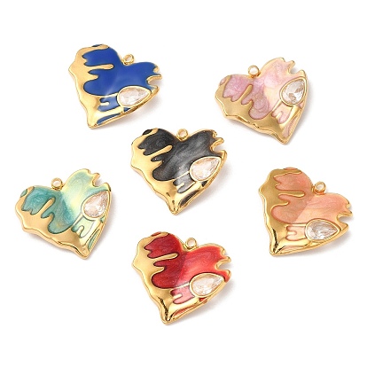 304 Stainless Steel Enamel Pendants, with Rhinestones, Real 18K Gold Plated, Heart Charm