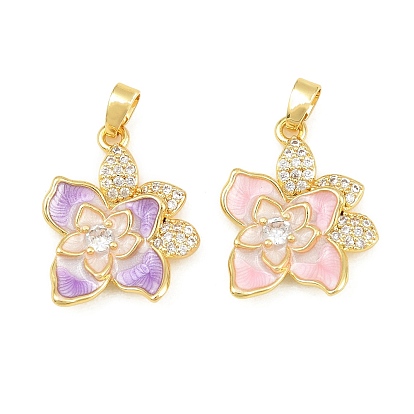 Brass Micro Pave Clear Cubic Zirconia Pendants, with Enamel, Flower Charms, Real 18K Gold Plated