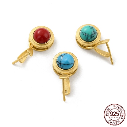 925 Sterling Silver Pendant Bails, Flat Round with Synthetic Stone and Ice Pick Pinch Bails, Real 18K Gold Plated