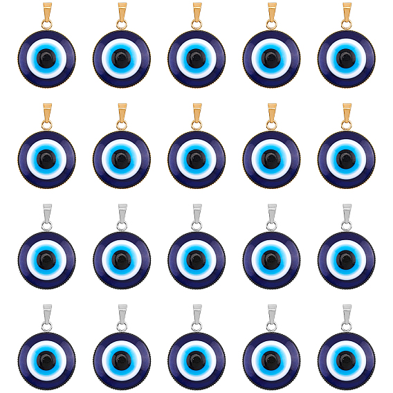 Handmade Evil Eye Lampwork Pendants, with 304 Stainless Steel Serrated Edge Bezel Cups, Half Round