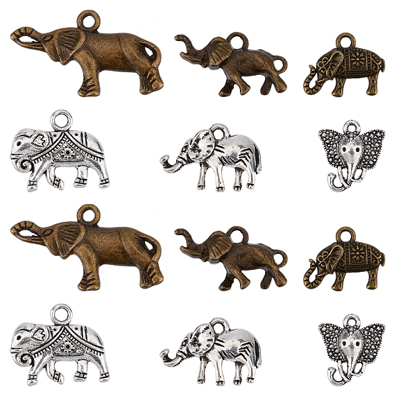 60Pcs 6 Style Tibetan Style Alloy Pendants, Elephant