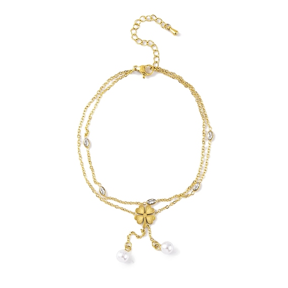 Ion Plating(IP) 304 Stainless Steel Anklets, with Cubic Zirconia and Plastic Pearl, Clover