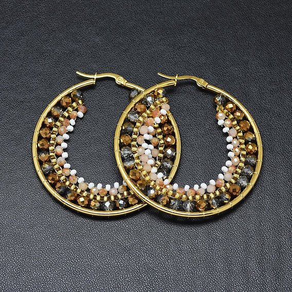 Pendientes de aro de acero inoxidable, aretes de aro con cuentas, con perlas de vidrio, anillo, dorado, vara de oro oscuro