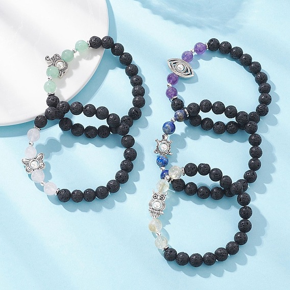 Эластичные браслеты из бусин из натуральной лавы и смешанных драгоценных камней, ювелирные изделия из сплава в тибетском стиле для женщин, с Гальваническим немагнитных синтетическими гематита бисера