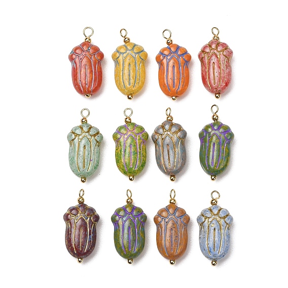 Baking Paint & Golden Metal Enlaced Glass Pendants, Picasso Beaded Pendants, Tulip Bud Charm, with Brass Loops, Real 18K Gold Plated