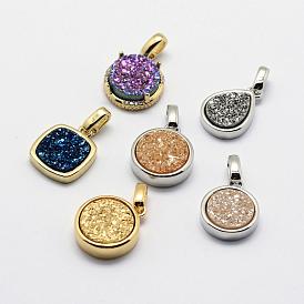 Electroplated Natural Druzy Agate Charms, with Brass Findings, Long-Lasting Plated, Mixed Shapes