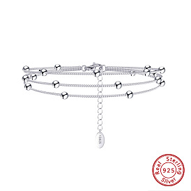 925 Sterling Silver Satellite Chains Triple-Layer Multi-strand Bracelet, with S925 Stamp