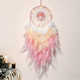 Natural Rose Quartz Chips Flat Round with Tree of Life Pendant Decorations, Woven Net/Web with Feather for Home, Car Interior Ornaments